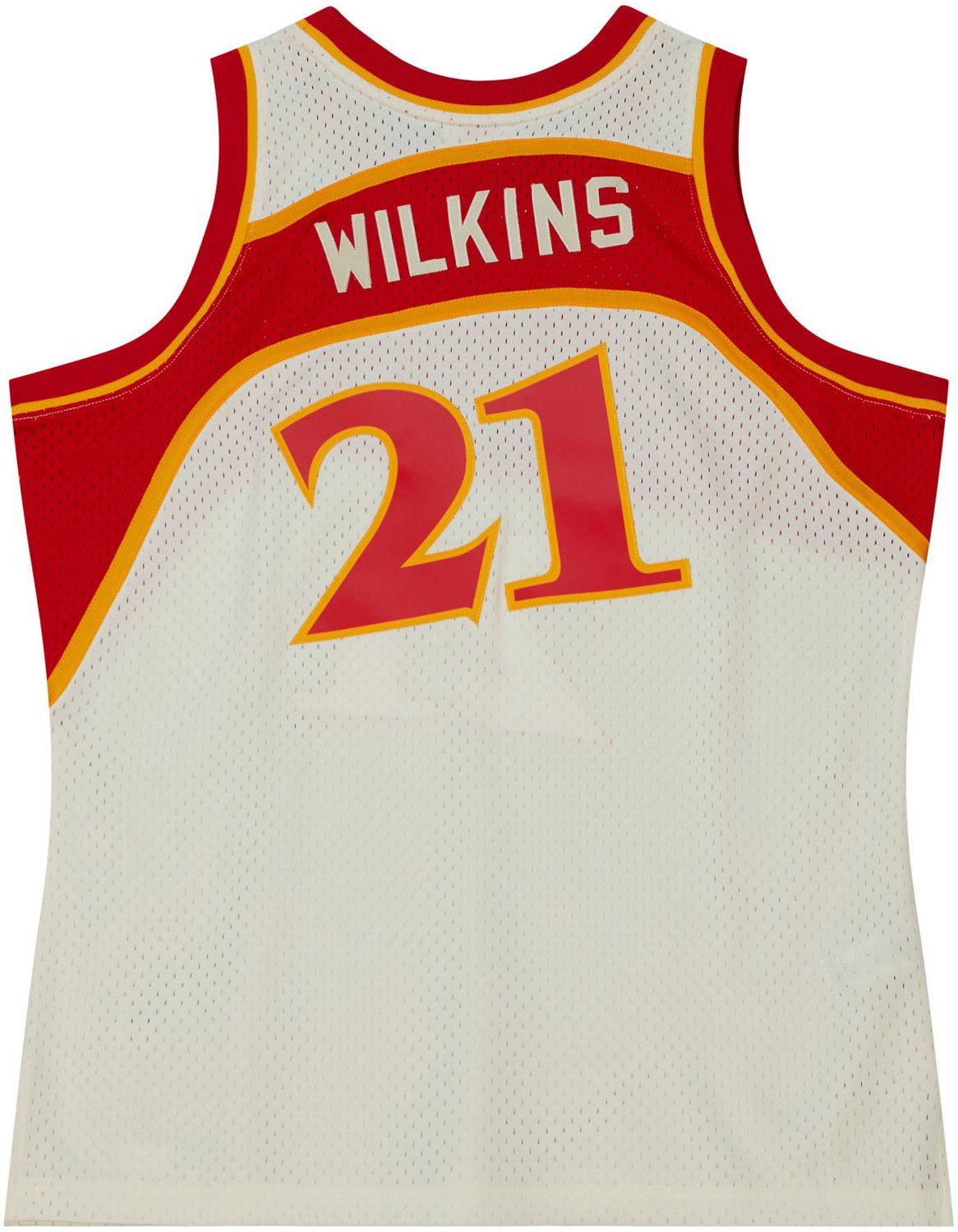 1986 - 1987 Atlanta Hawks Home Throwback Basketball Jersey from Mitchell and Ness, with #21 and 'Wilkins' on The Jersey (Dominique Wilkins)