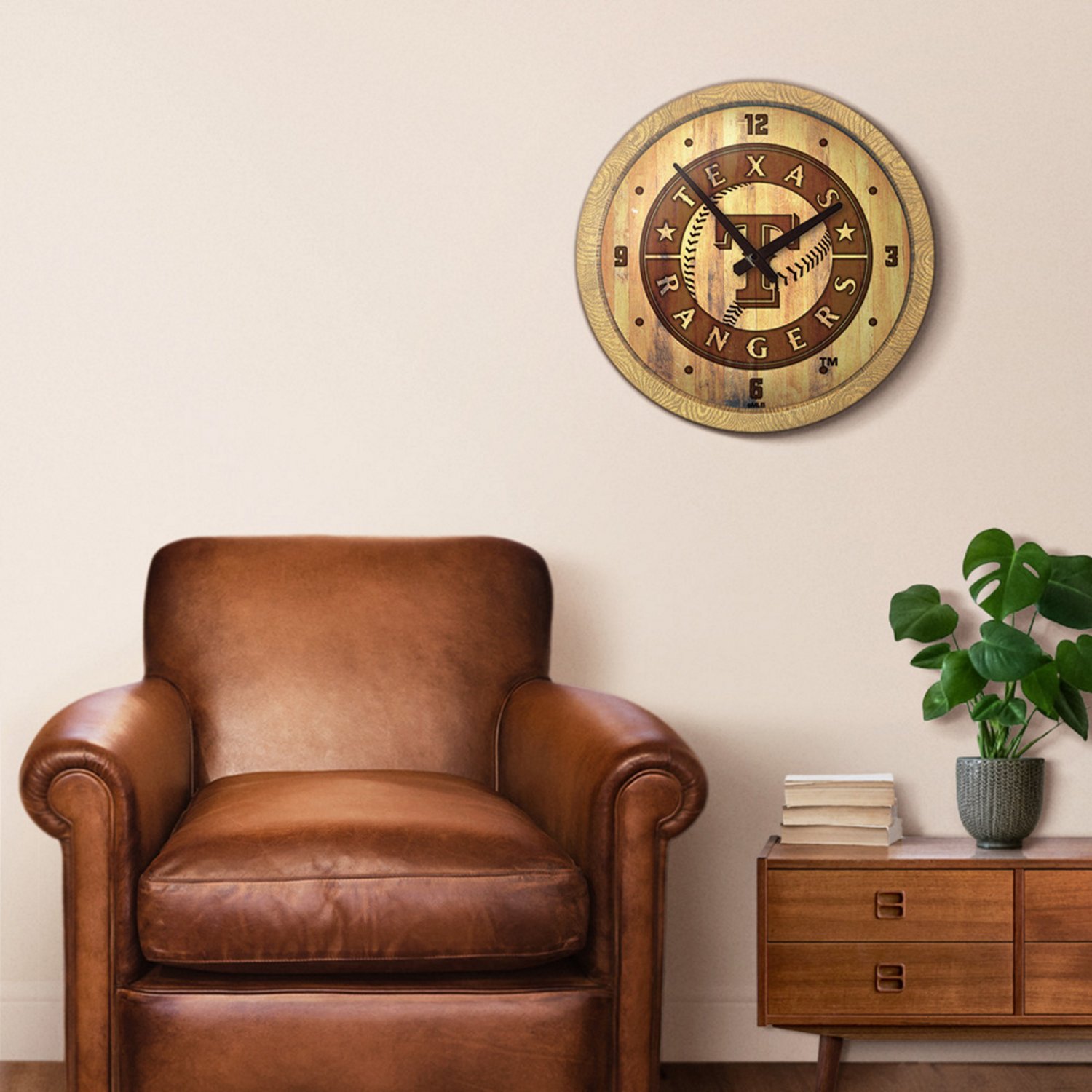 The Fan-Brand Texas Rangers Ash Branded Faux Barrel Top Wall Clock ...