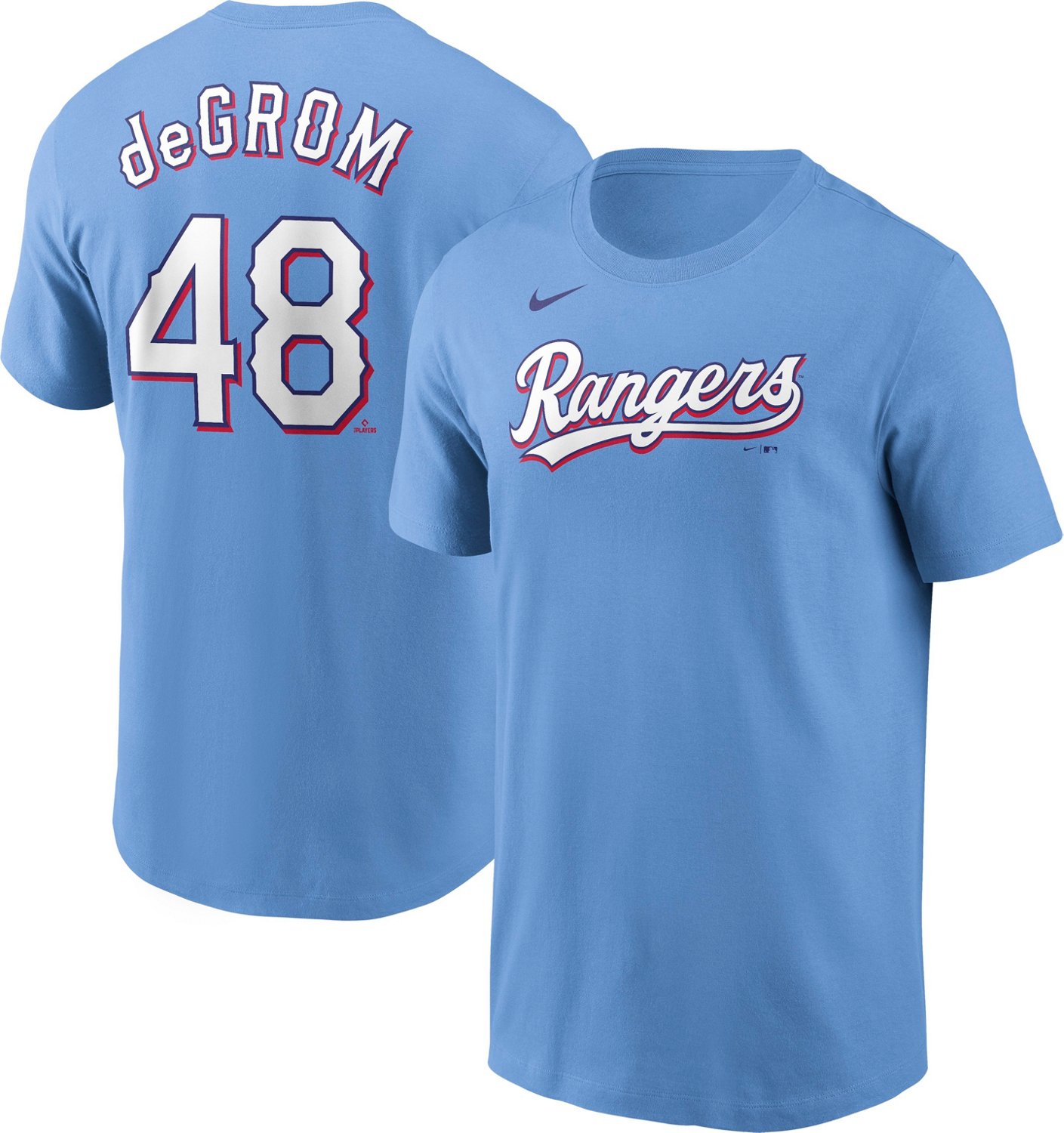 Nike Men's Texas Rangers deGrom Away Name and Number Graphic T