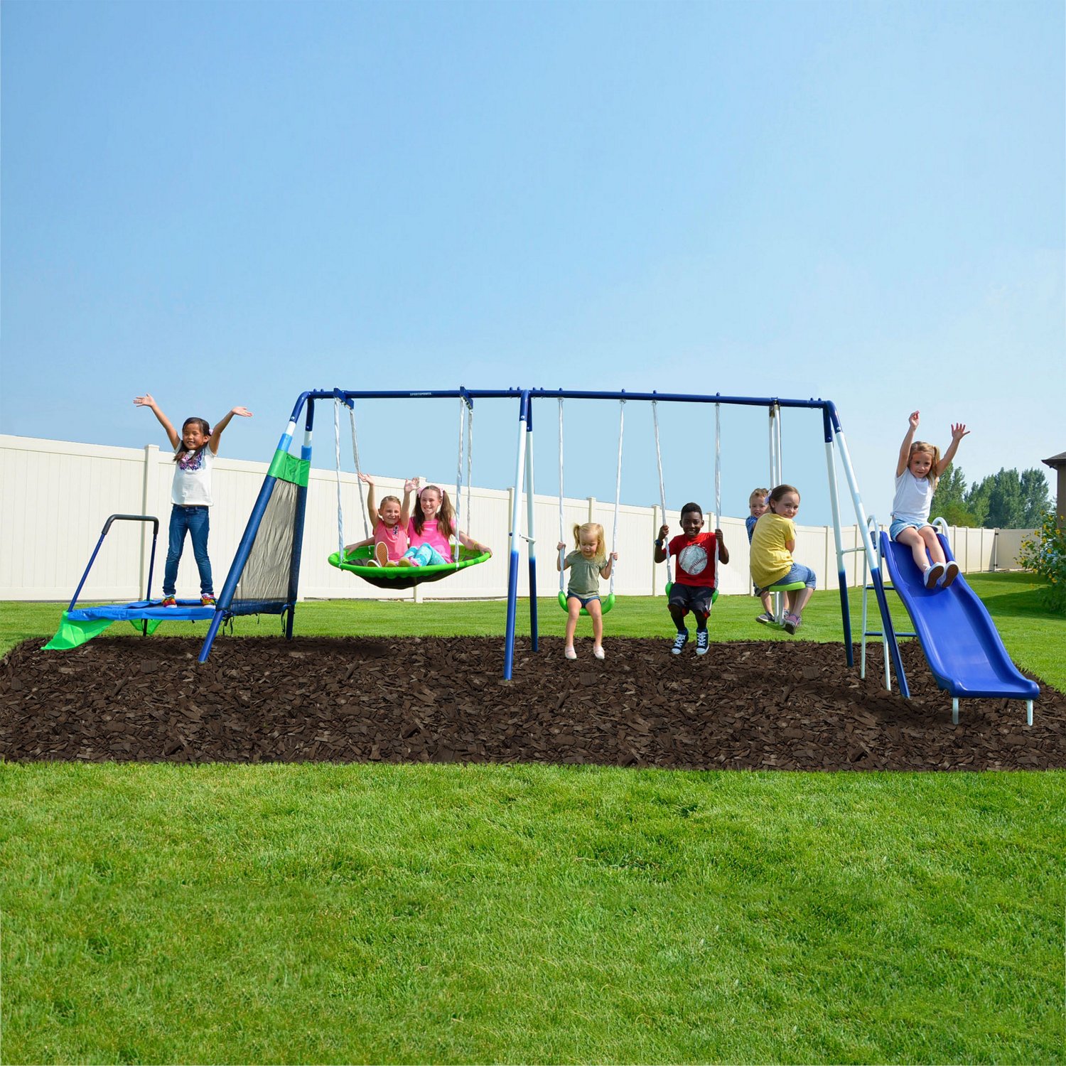 Sportspower Mountain View Metal Slide, Swing and Trampoline Set