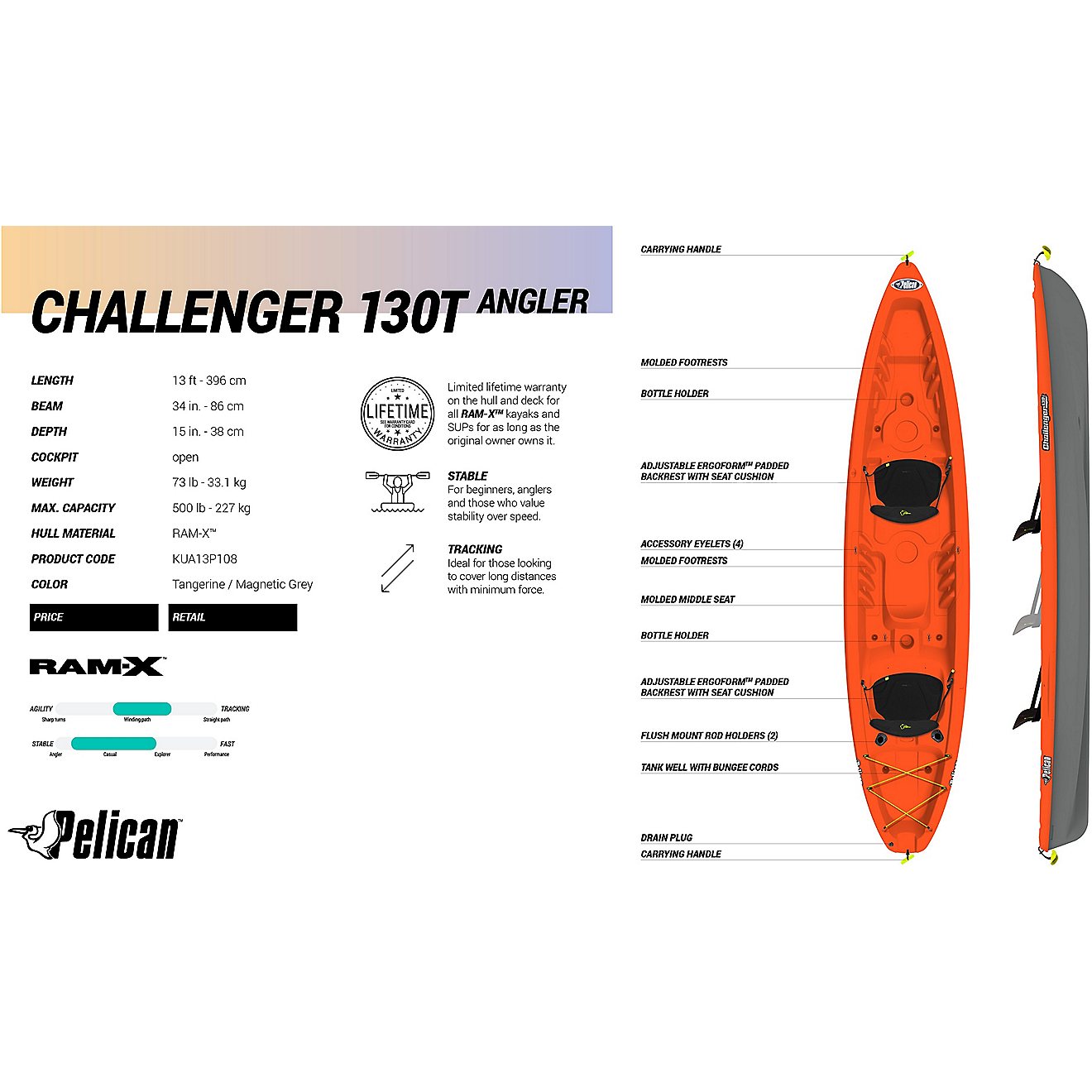 Pelican Challenger 130T 13 ft Fishing Tandem Kayak                                                                               - view number 5