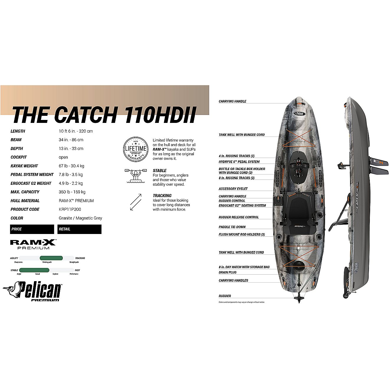 Pelican The Catch 110 HyDryve II 10 ft 6 in Pedal Drive Fishing Kayak                                                            - view number 4