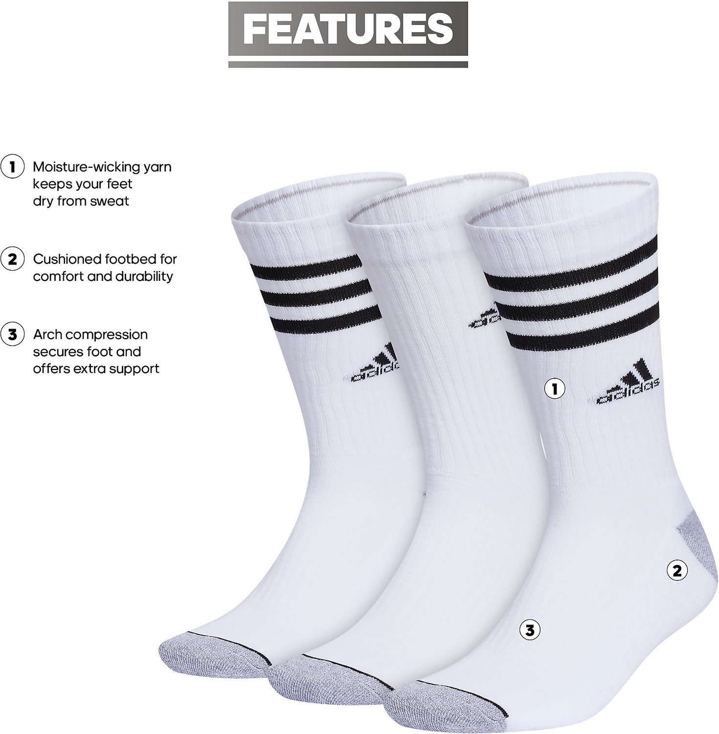 adidas Men's Cushioned 3-Stripe 3.0 Crew Socks 3-Pack - view number 6