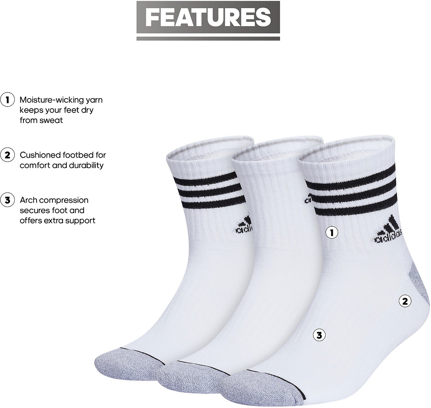 adidas Men's Cushioned 3-Stripe 3.0 High Quarter Socks 3-Pack