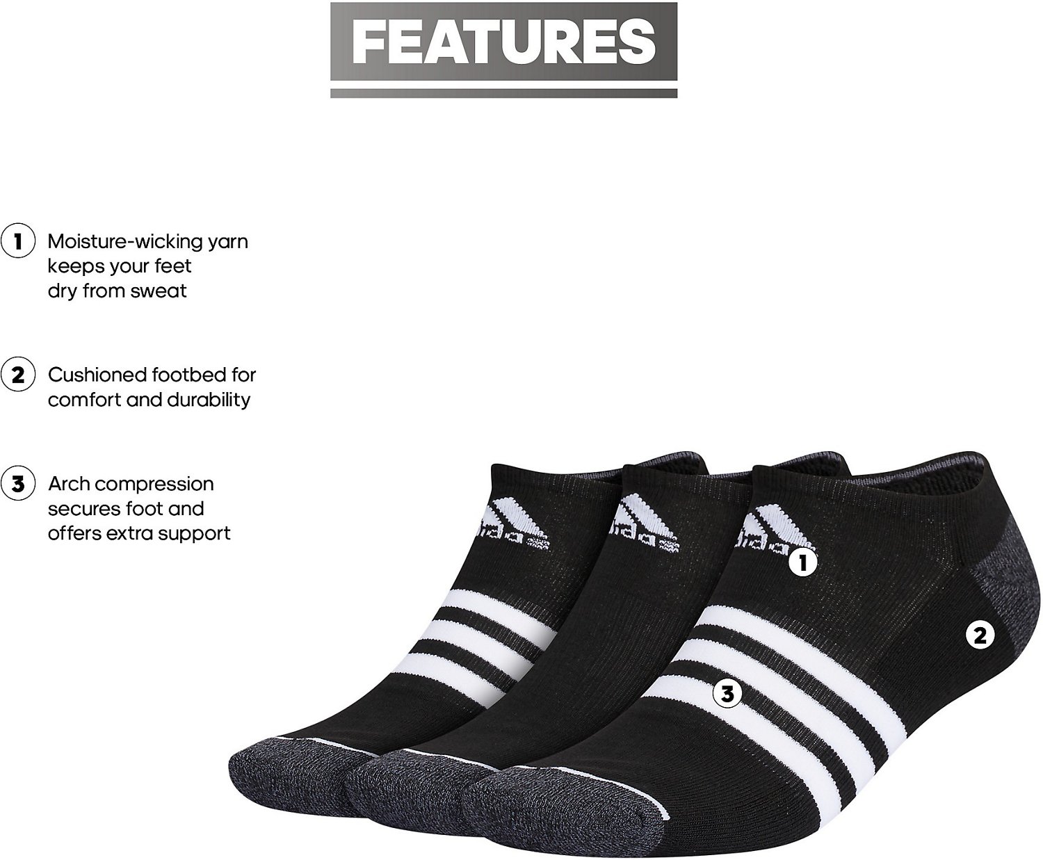 adidas Men's Cushioned 3-Stripe 3.0 No-Show Socks 3-Pack - view number 6