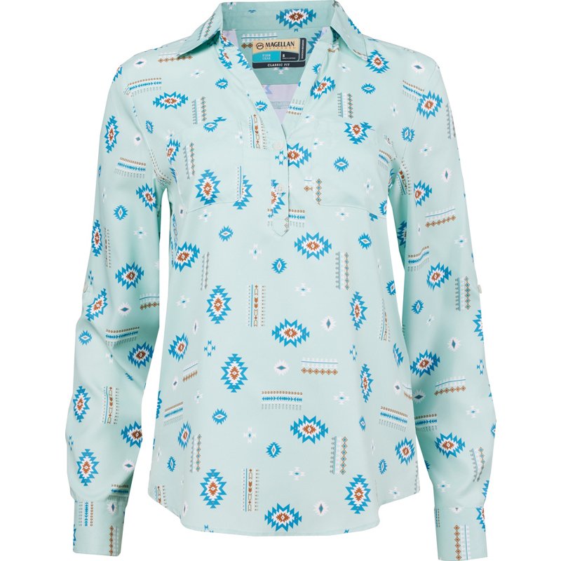 Magellan Outdoors Women's Aransas Pass Long Sleeve Henley Stripe Shirt Pastel Turquoise, X-Small - Women's Fishing Tops at Academy Sports