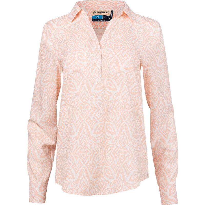 Magellan Outdoors Women's Aransas Pass Long Sleeve Henley Stripe Shirt Peach Melba, X-Small - Women's Fishing Tops at Academy Sports