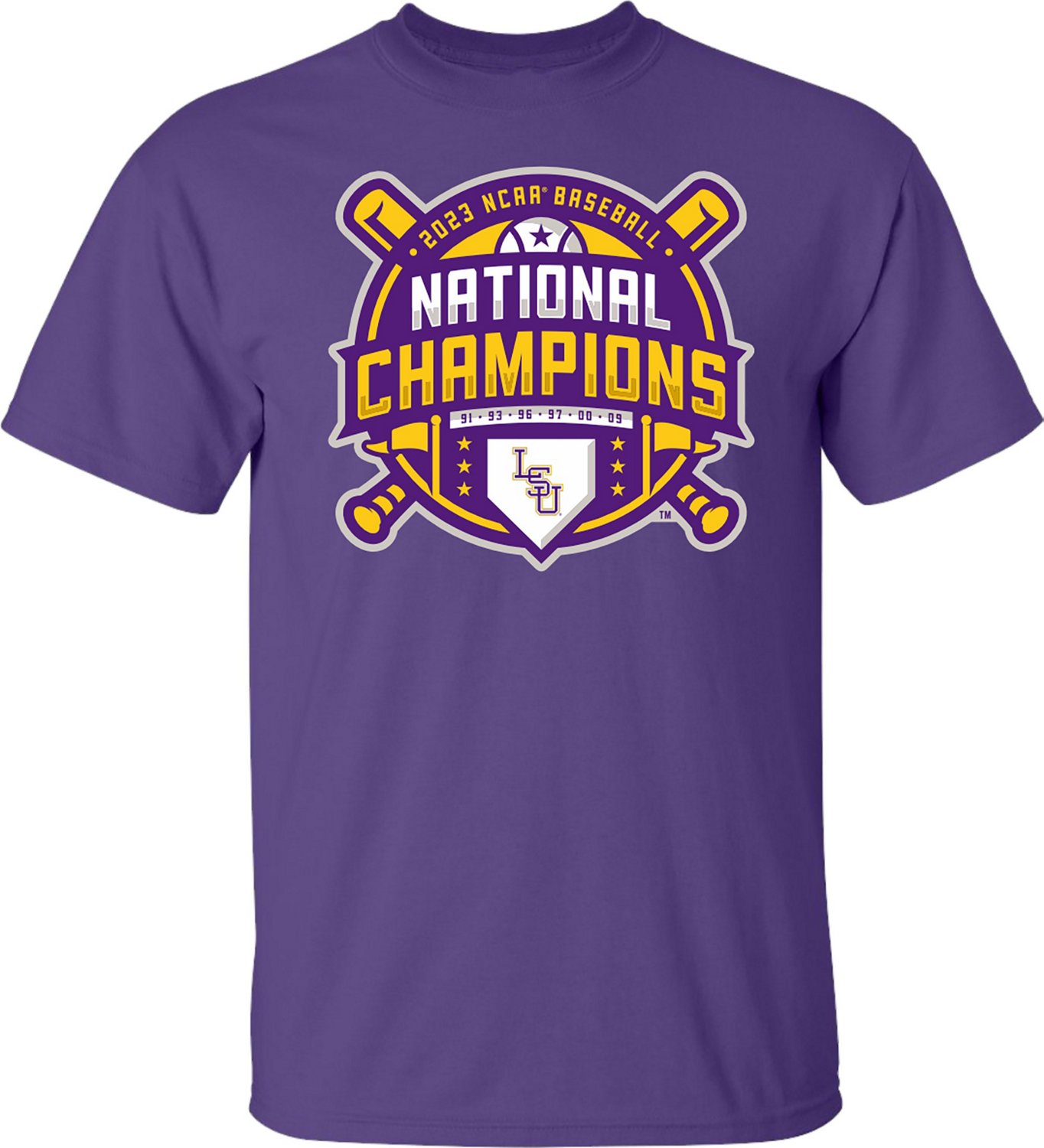 Bayou Apparel Men's LSU 2023 College World Series Baseball National Champs  Official Logo Short Sleeve T-Shirt