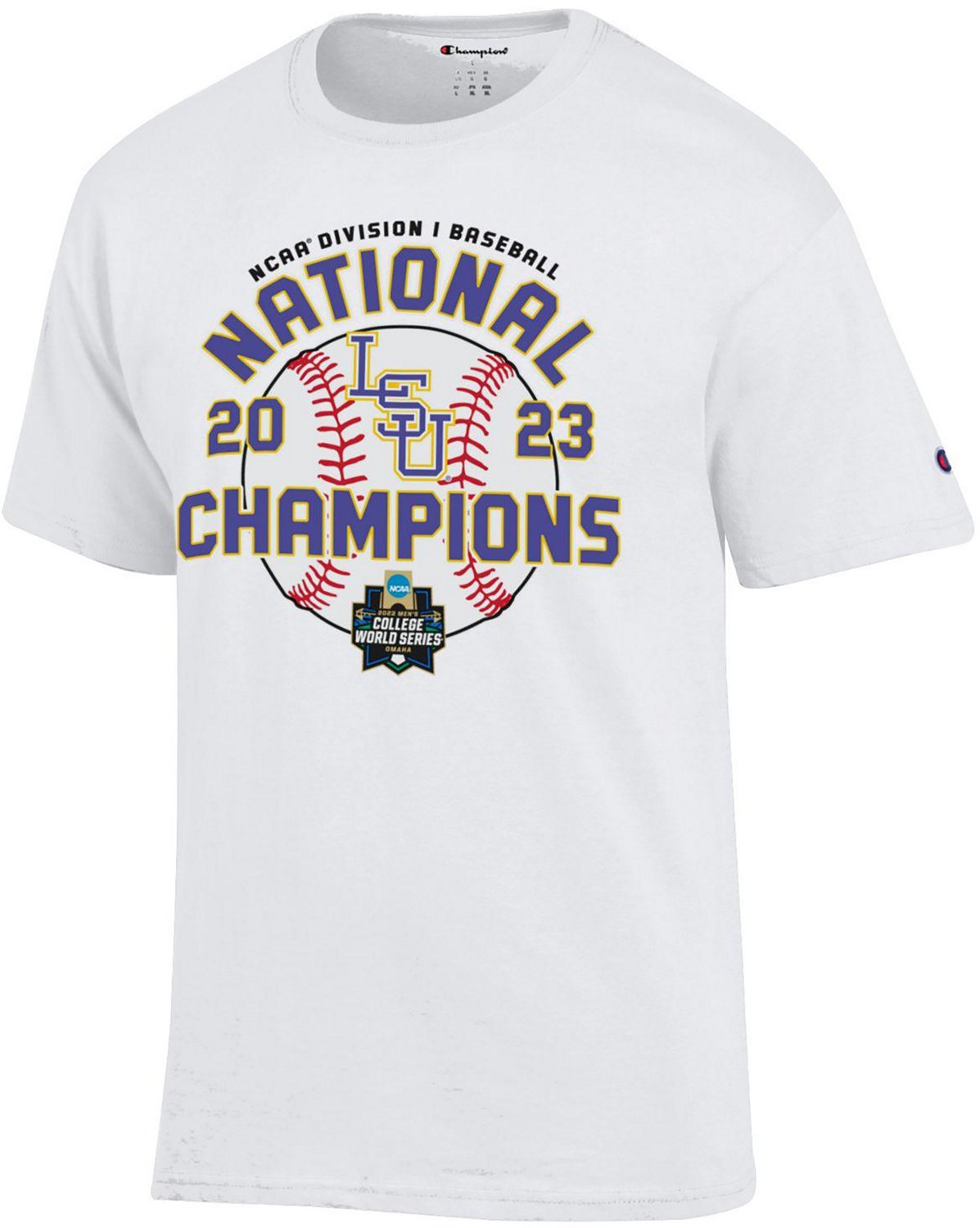 Champion Men's Louisiana State University 2023 College World Series  Baseball National Champs Locker Room Short Sleeve T-Shirt