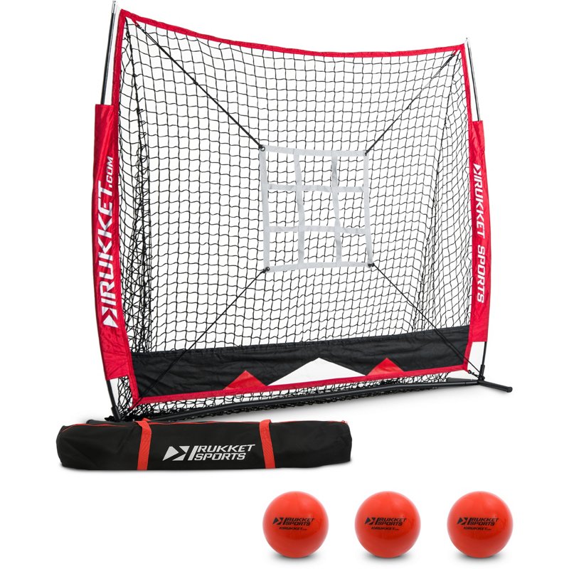 Rukket Sports 5 ft x 5 ft Baseball/Softball Net with 3 Weighted Balls and Strike Zone Target Black/Red - Baseball/Softball Accessories