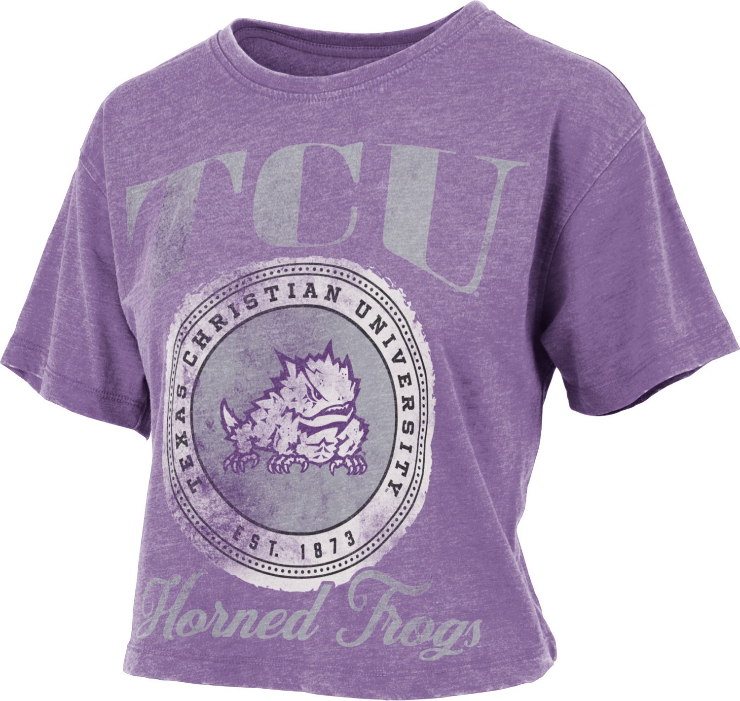 Three Square Women's Texas Christian University Vintage Wash Boyfriend Falkland Crop Graphic T-shirt