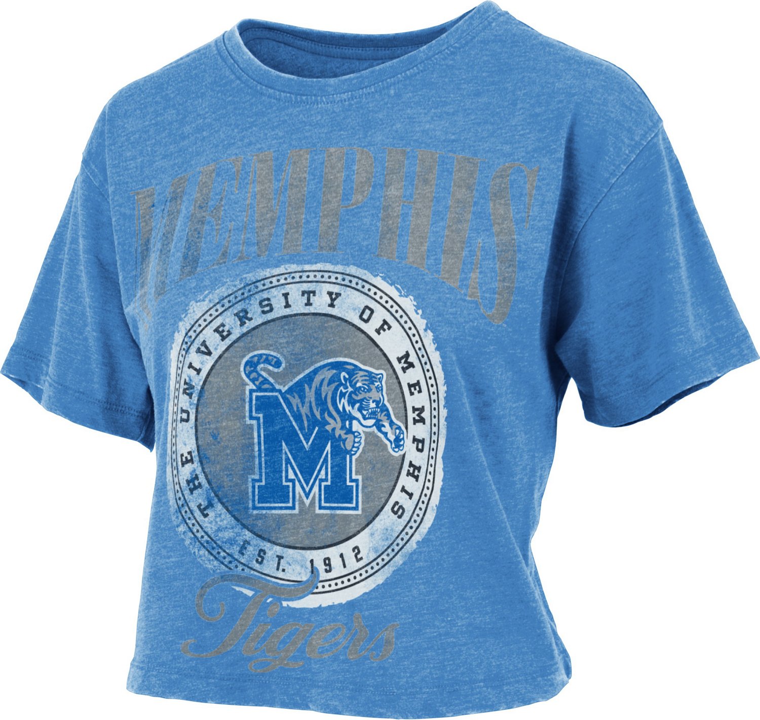 Three Square Women's University of Memphis Vintage Wash Boyfriend Falkland Crop Graphic T-shirt