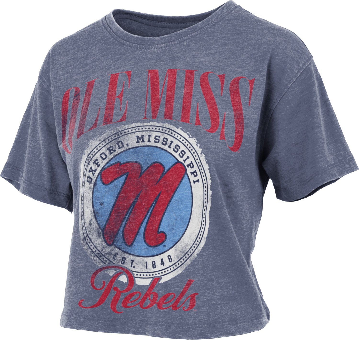 Three Square Women's University of Mississippi Vintage Wash Boyfriend Falkland Crop Graphic T-shirt
