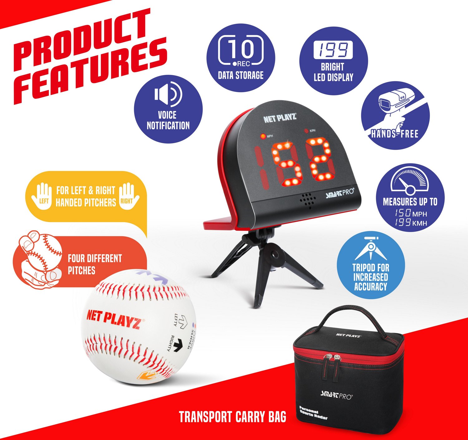 NetPlayz Radar Speed Sensor Detector With Training Ball and Finger Placement Markers Academy