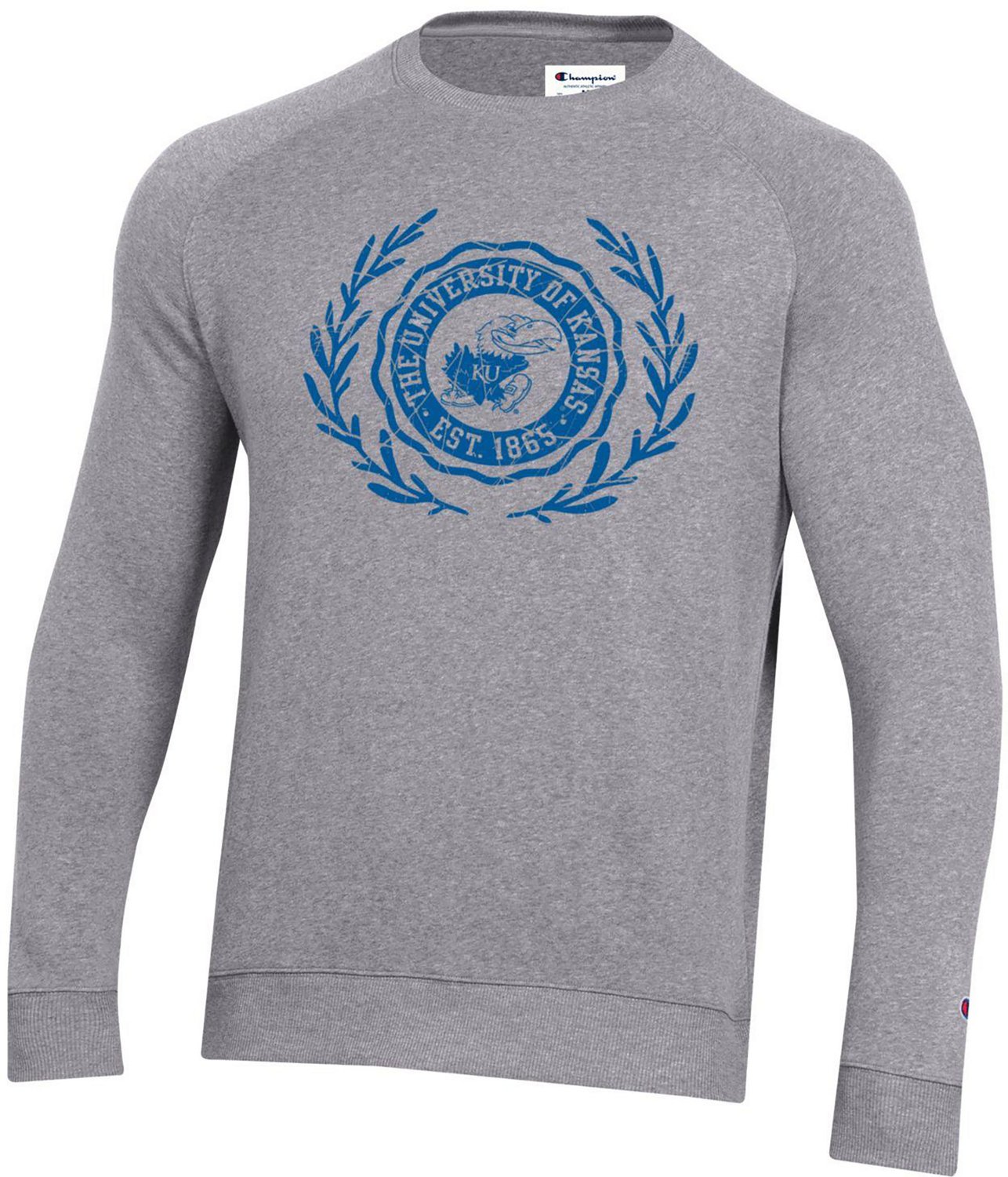 Champion Men's University of Kansas Crest Triumph Fleece Raglan Crew Sweatshirt