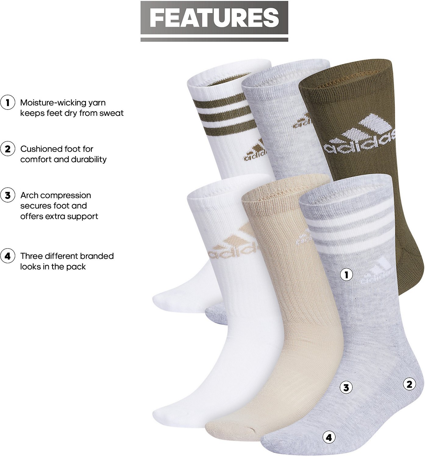 adidas Cushion Mixed Crew Socks 6 Pack                                                                                           - view number 6