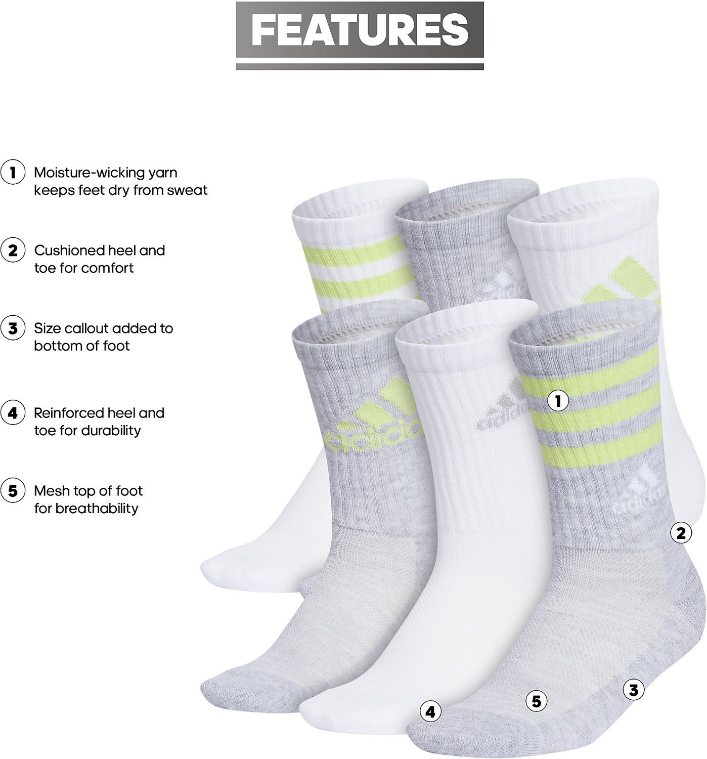 adidas Youth Cushion Mixed Crew Socks 6 Pack                                                                                     - view number 6
