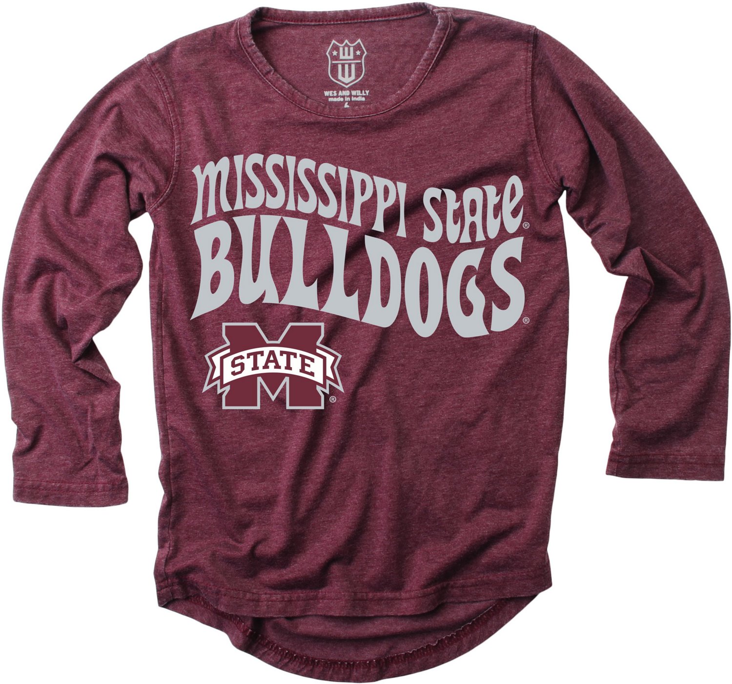 Wes and Willy Girls' Mississippi State University Retro Hippy High-Low Burn Out Long Sleeve T-shirt