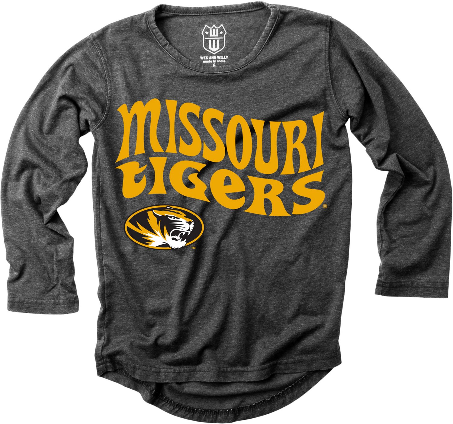 Wes and Willy Girls' University of Missouri Retro Hippy High-Low Burn Out Long Sleeve T-shirt