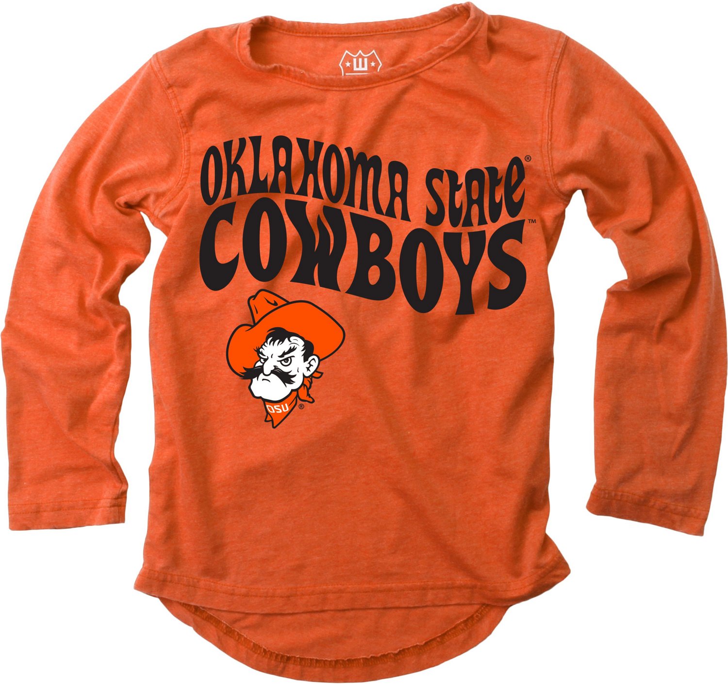 Wes and Willy Girls' Oklahoma State University Retro Hippy High-Low Burn Out Long Sleeve T-shirt