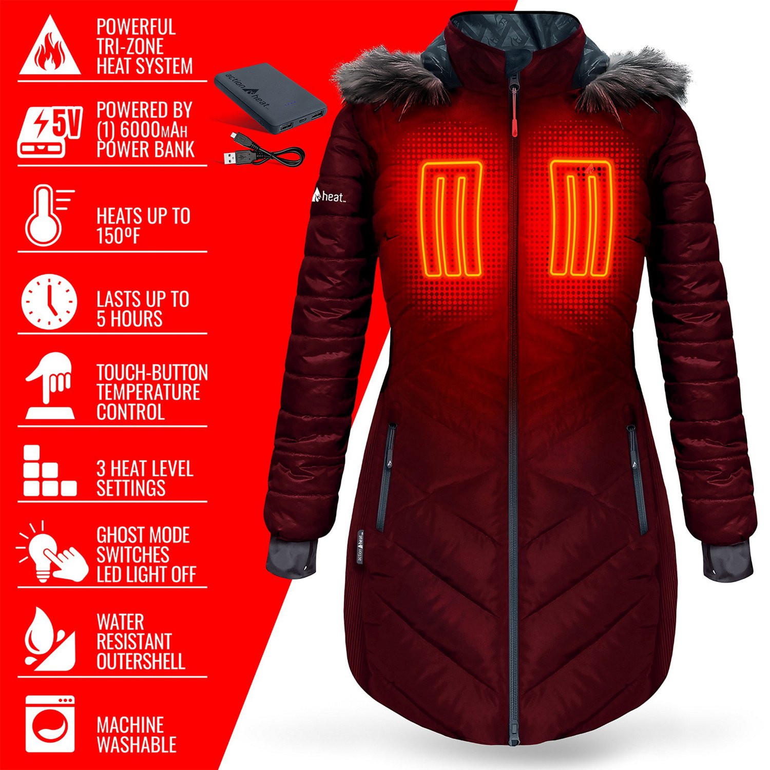 ActionHeat Women's 5V Battery Heated Long Hooded Puffer Jacket - view number 6