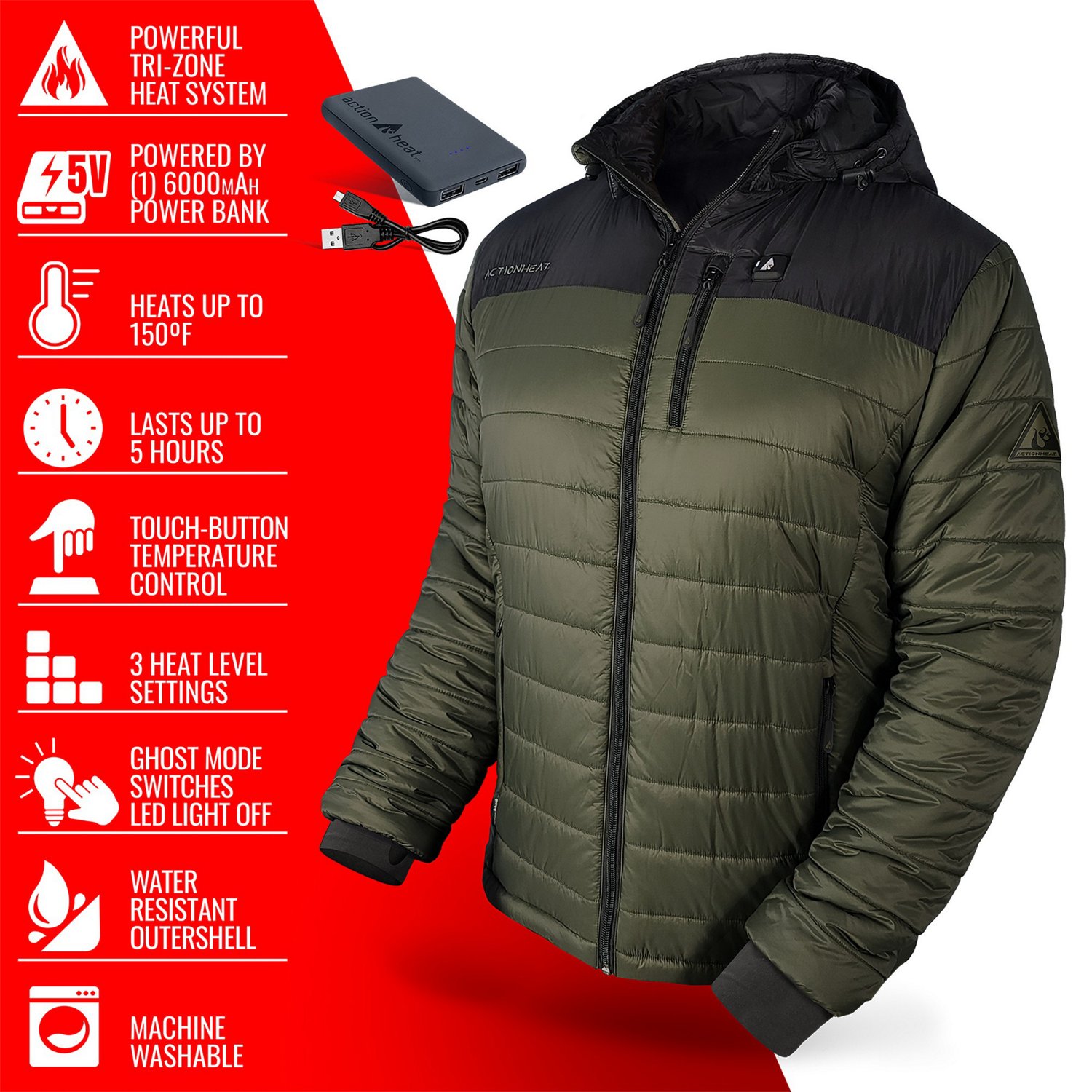 ActionHeat Men's 5V Battery Heated Color Block Hooded Puffer Jacket - view number 5