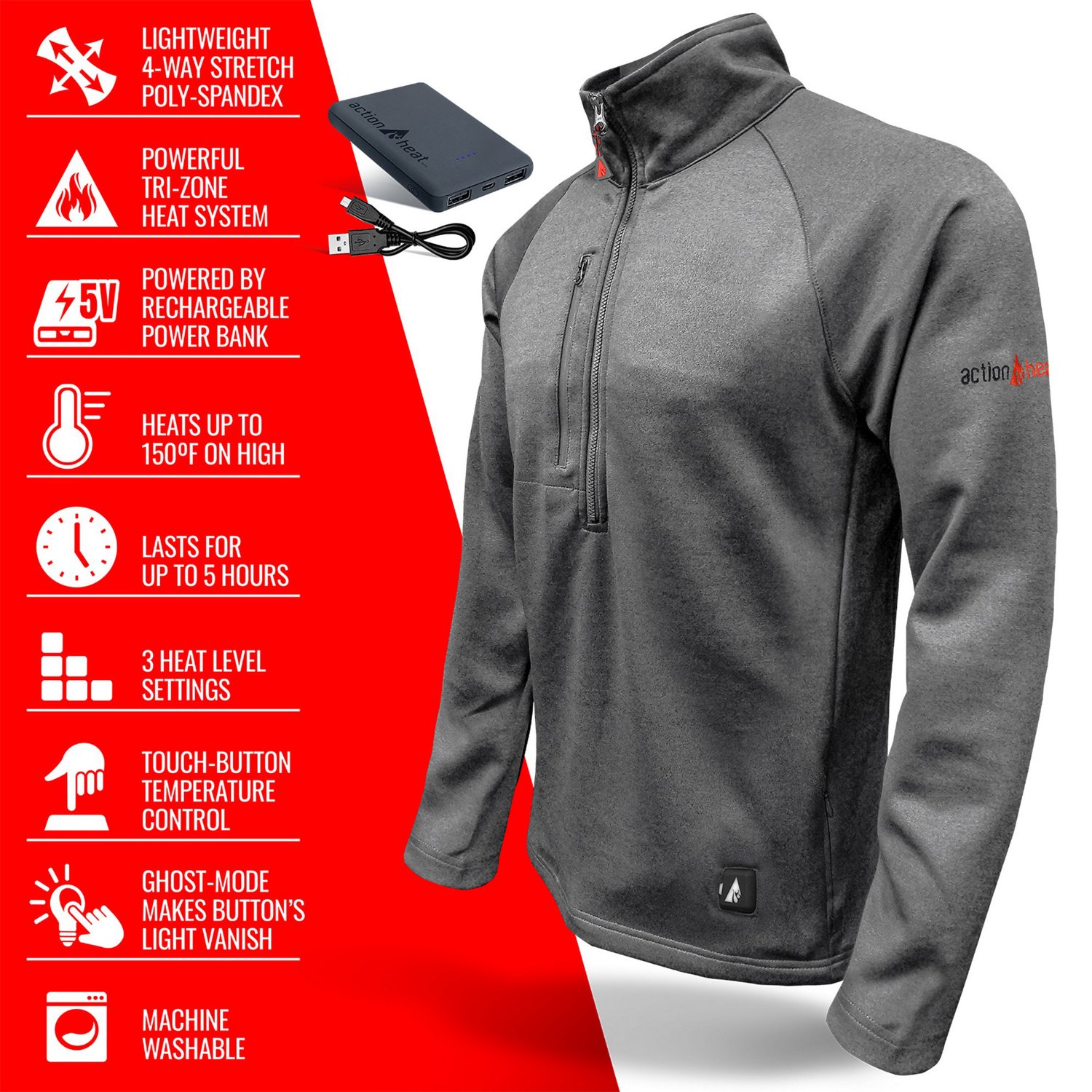 ActionHeat Men's Slim Fit 5V Battery Heated 1/2 Zip Pullover - view number 4