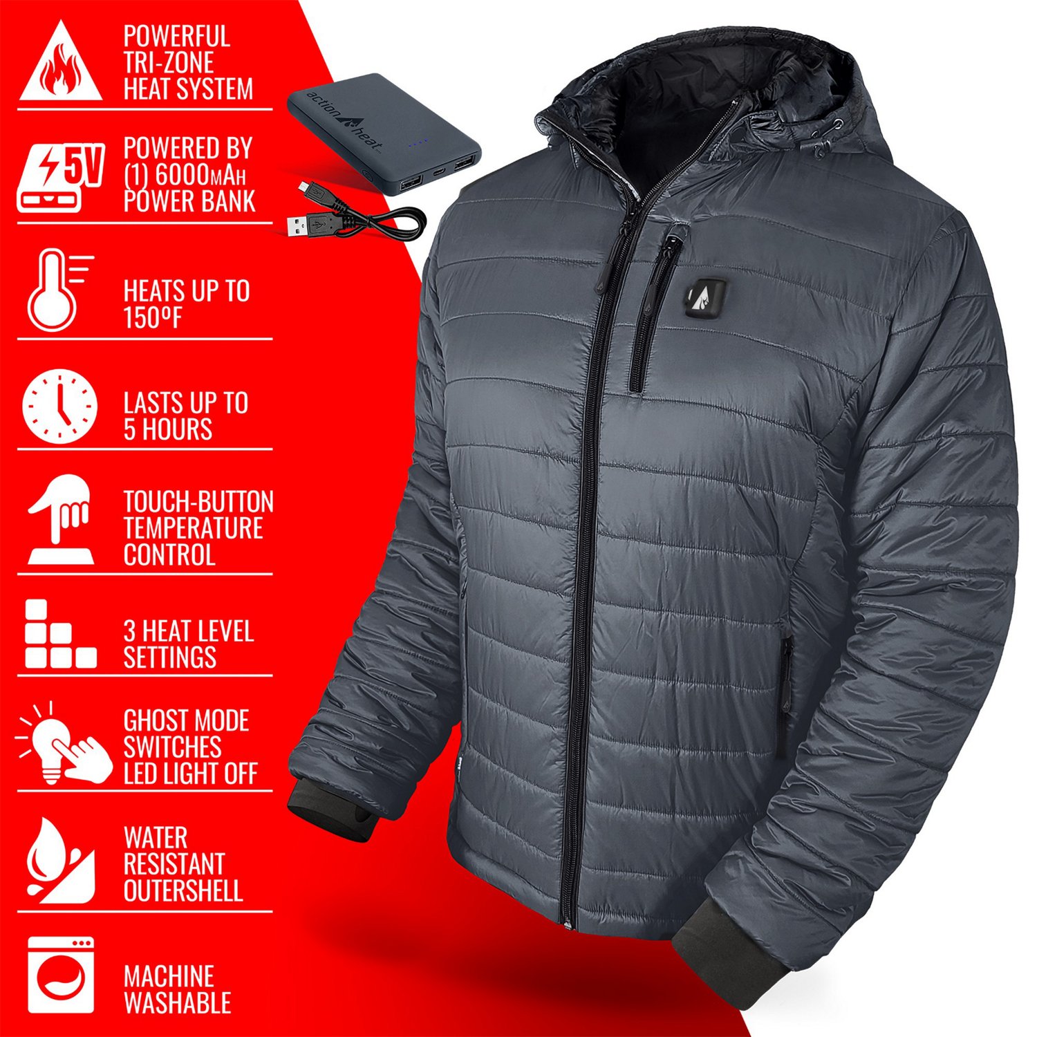 ActionHeat Men's 5V Battery Heated Puffer Jacket with Hood