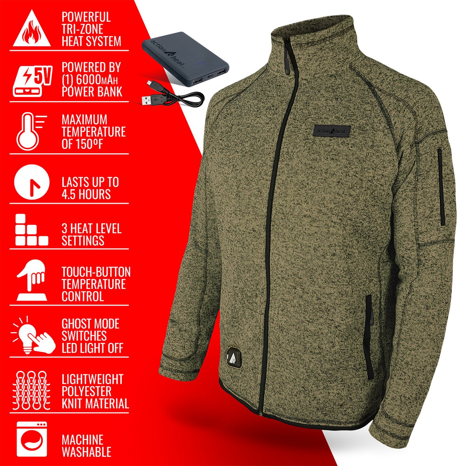ActionHeat Men's Slim Fit 5V Battery Heated Sweater Jacket - view number 4