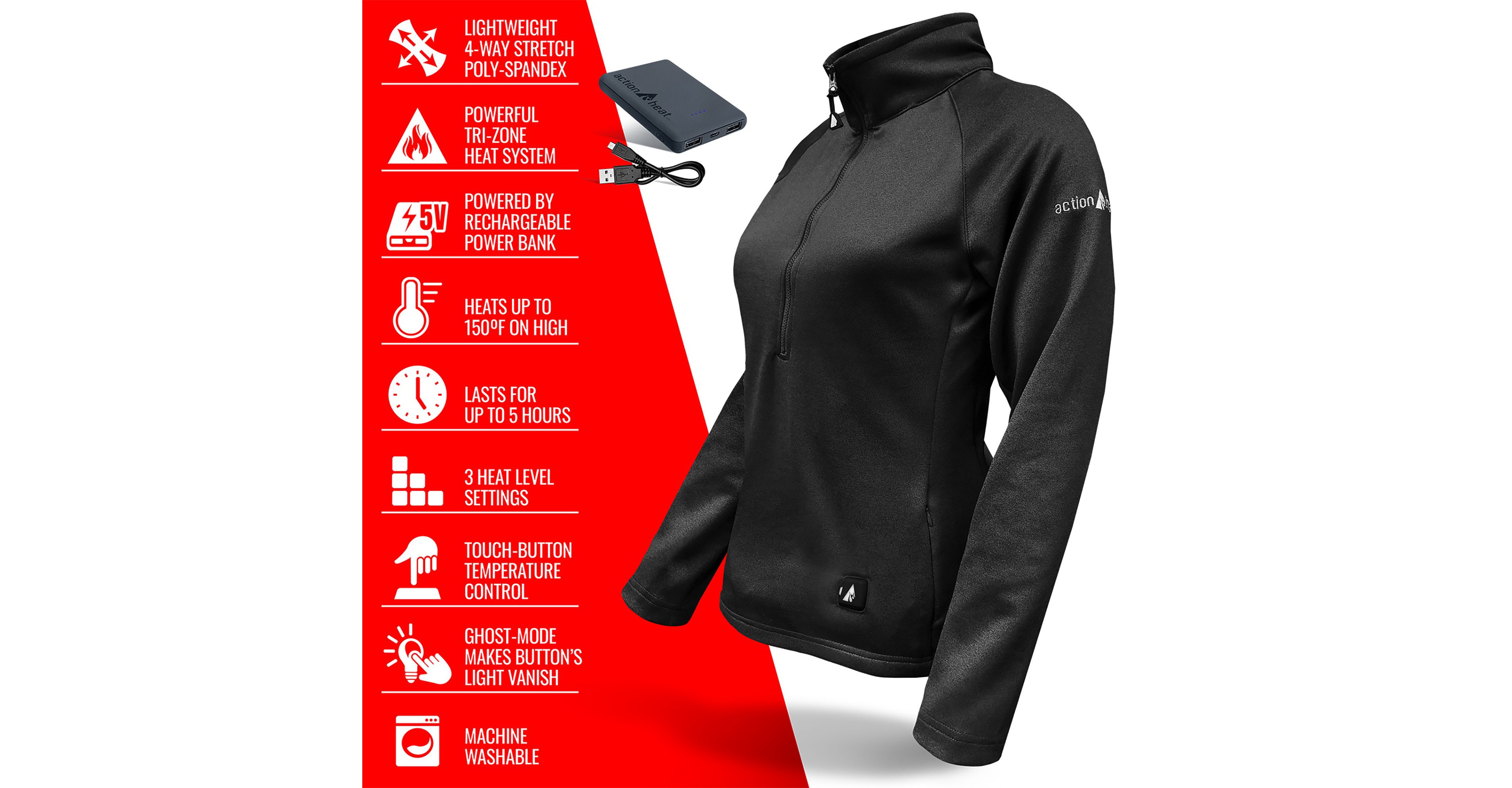 ActionHeat Women's Slim Fit 5V Battery Heated 1/2 Zip Pullover