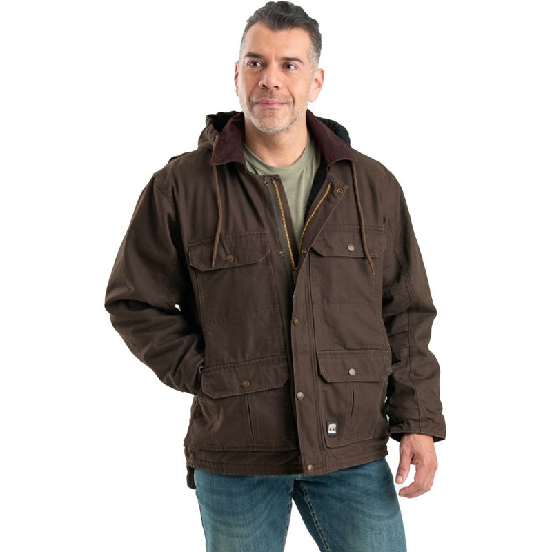 Berne Heartland Washed Duck Zip-Off Hooded Coat for Men - Bark