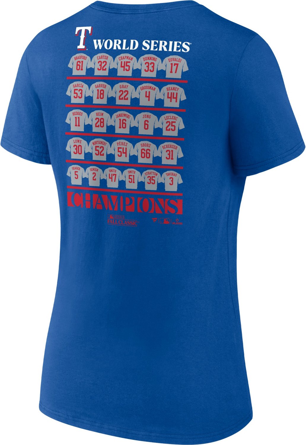 Fanatics Women's Rangers 2023 MLB World Series Champs Jersey Roster Short Sleeve T-Shirt - view number 2