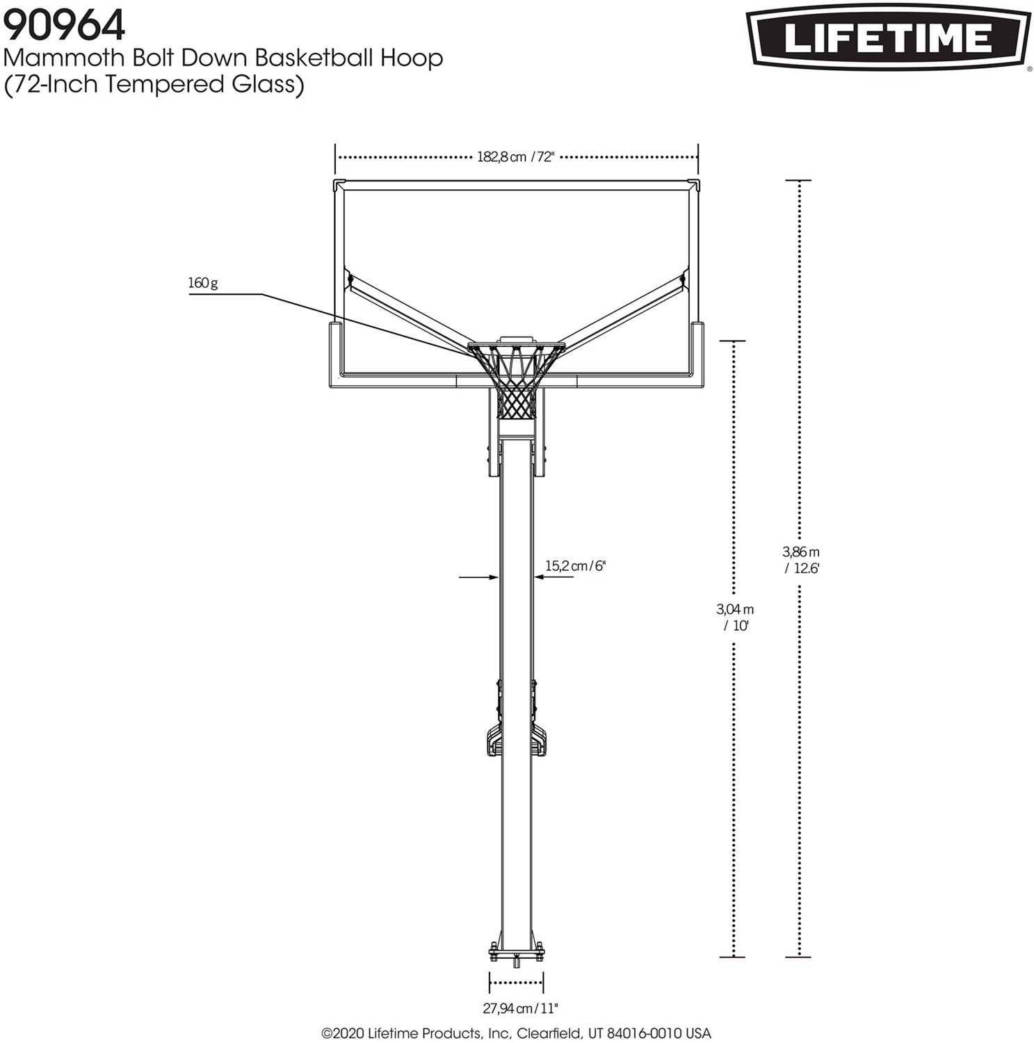 Lifetime Mammoth Bolt Down 72 in Glass Basketball Hoop                                                                           - view number 7