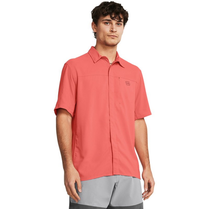 Under Armour Men's Shorebreak Hybrid Woven Short Sleeve Shirt Coho/Coho/Sedona Red, Small - Men's Fishing Tops at Academy Sports