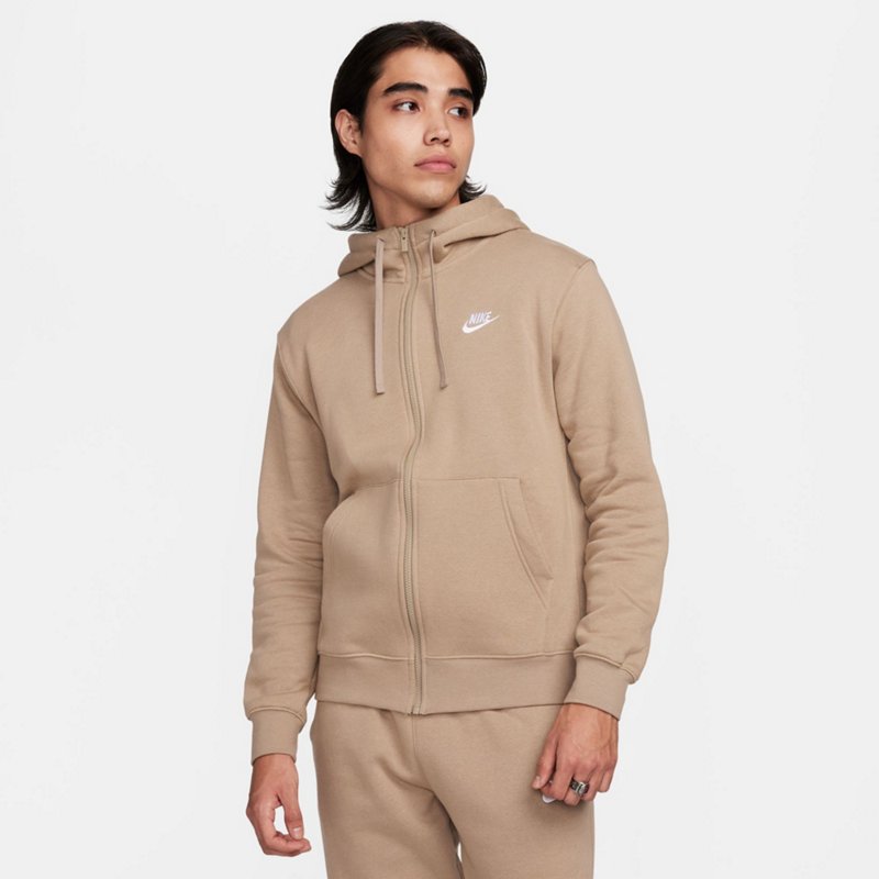 Nike Men's Sportswear Club Fleece Full-Zip Hoodie Khaki/Khaki/White, Large - Men's Athletic Fleece at Academy Sports