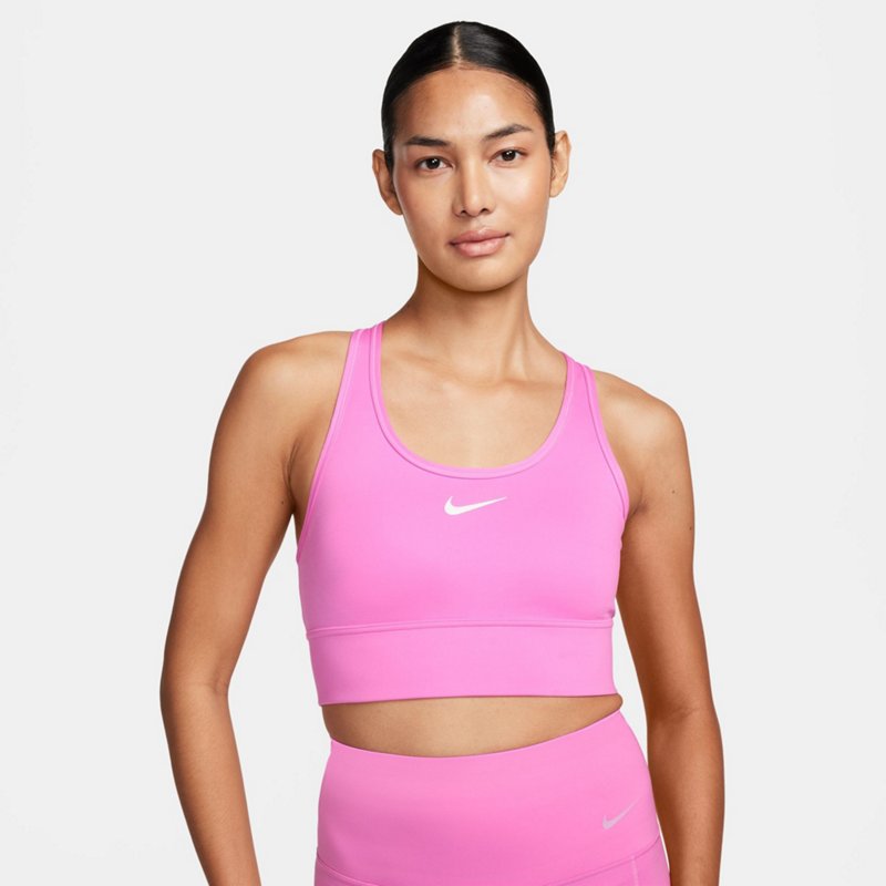 Nike Women's Dri-FIT Swoosh Longline Medium Support Sports Bra Playful Pink/White, X-Large - Women's Workout Bras at Academy Sports