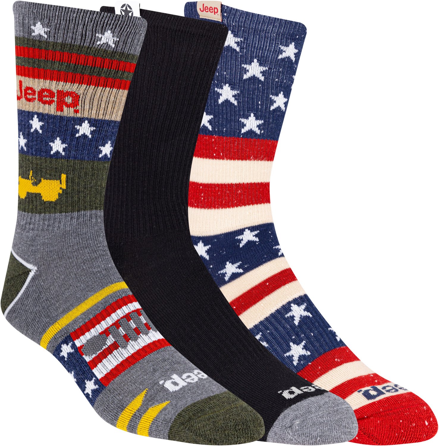 Jeep Men's Americana Collection Freedom and Adventure Collage Crew Sock 3 Pack