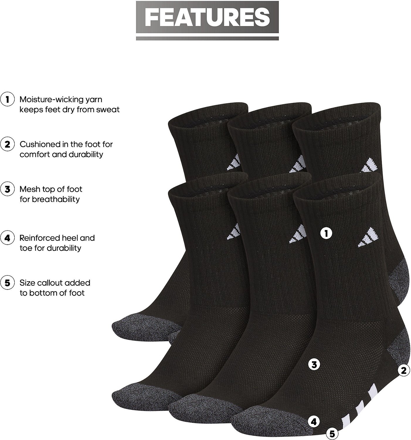 adidas Youth Cushioned Crew Socks 6 Pack - view number 6