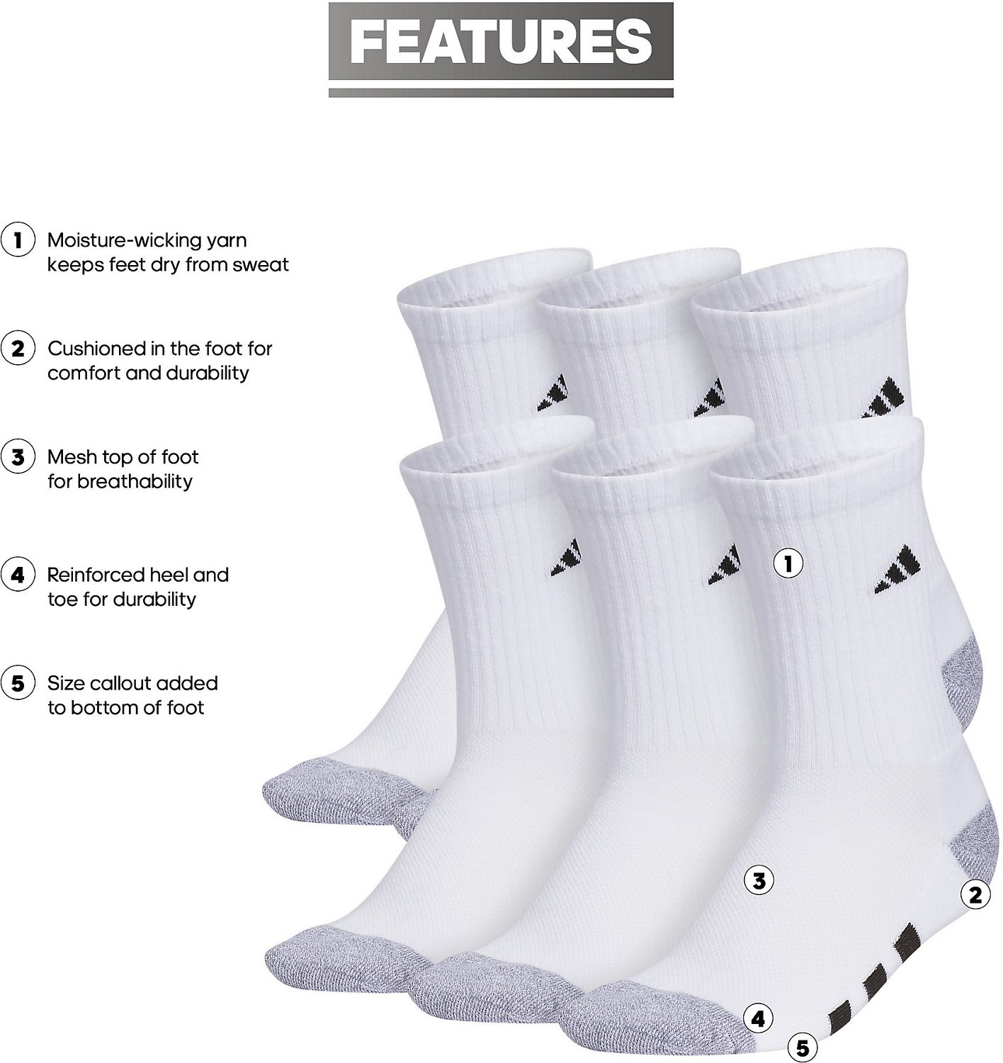 adidas Youth Cushioned Crew Socks 6 Pack