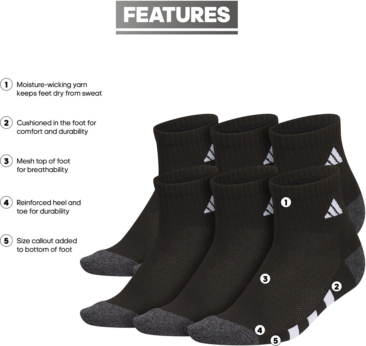 adidas Youth Cushioned Quarter Socks 6 Pack - view number 6