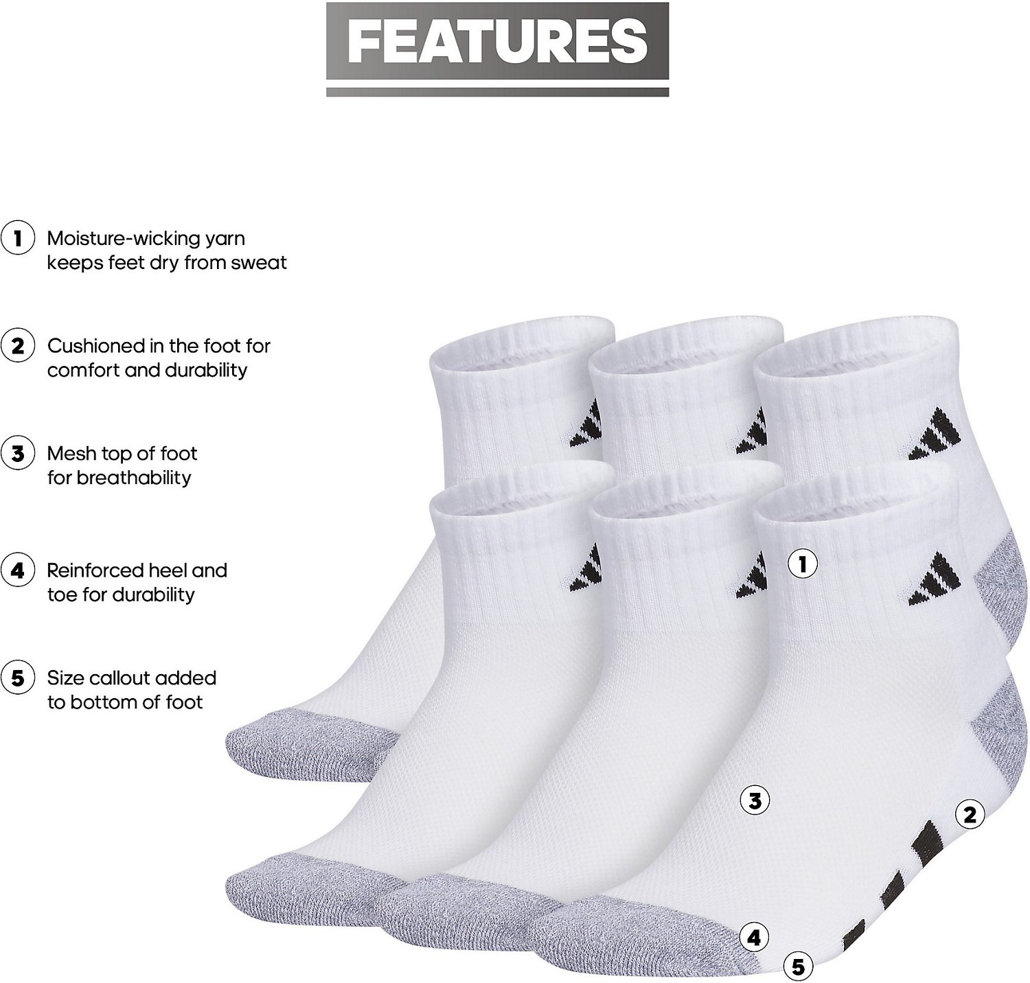 adidas Youth Cushioned Quarter Socks 6 Pack