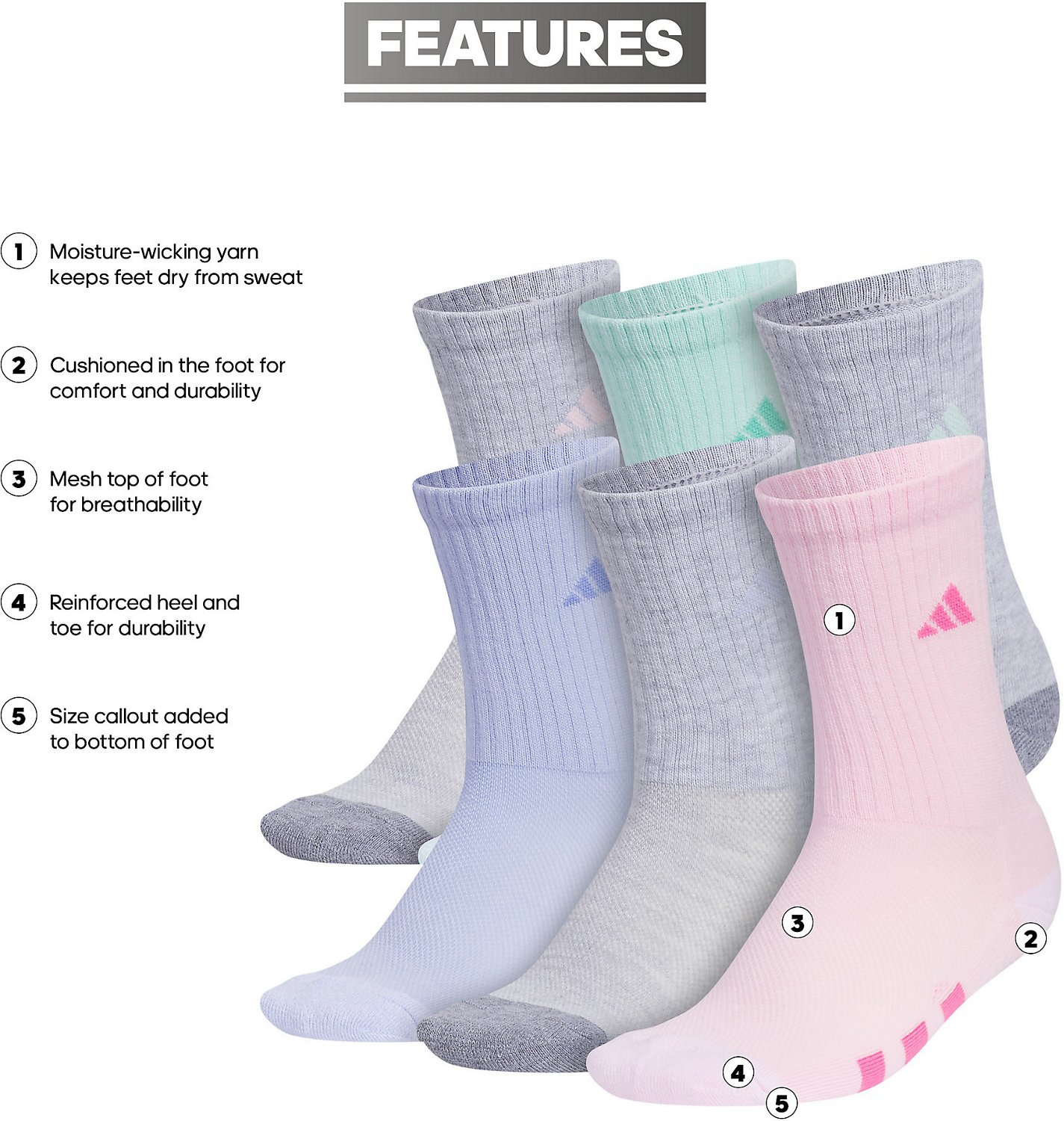 adidas Girls' Cushioned Crew Socks 6 Pack - view number 6