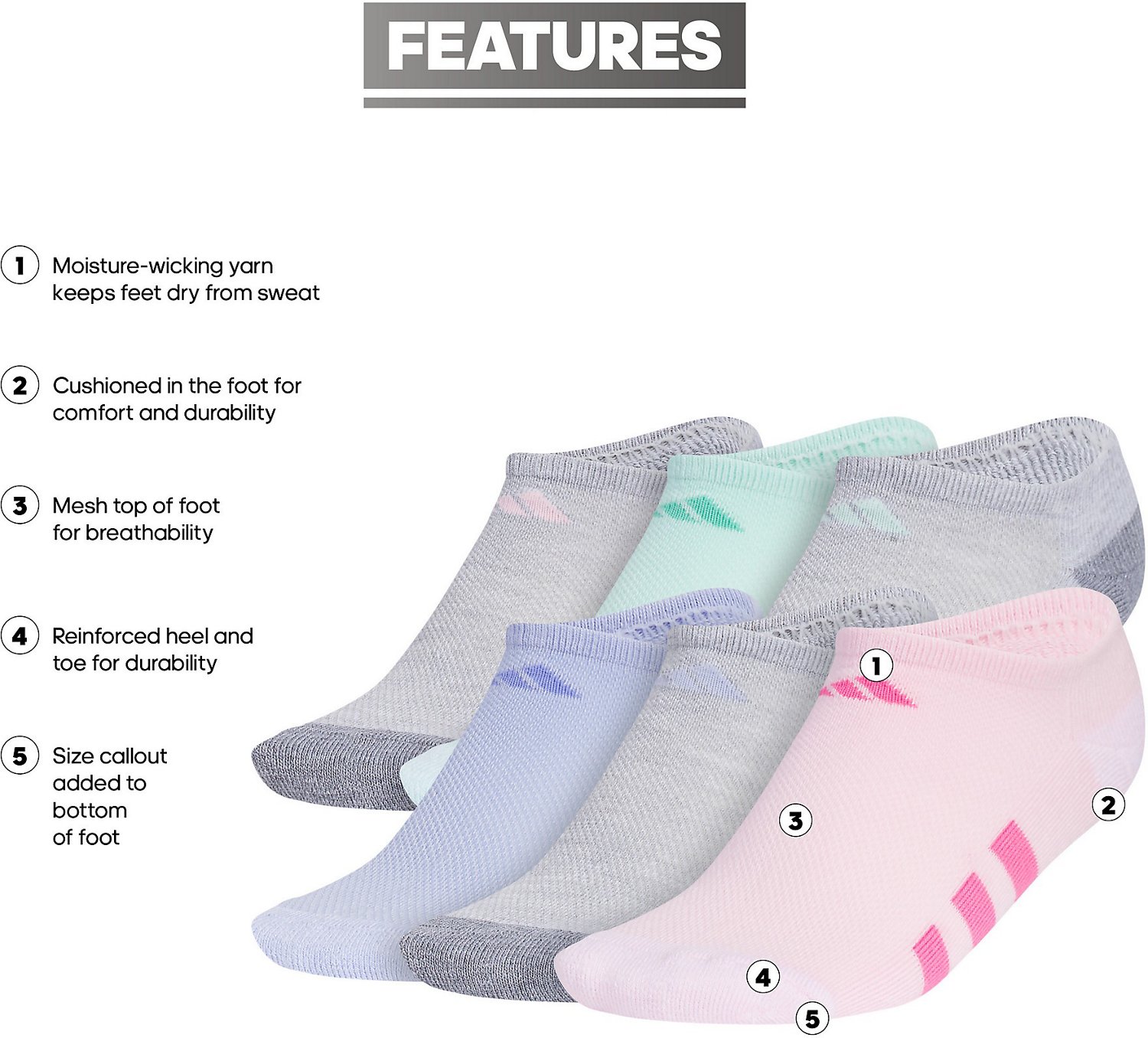 adidas Girls' Cushioned No Show Socks 6 Pack - view number 6