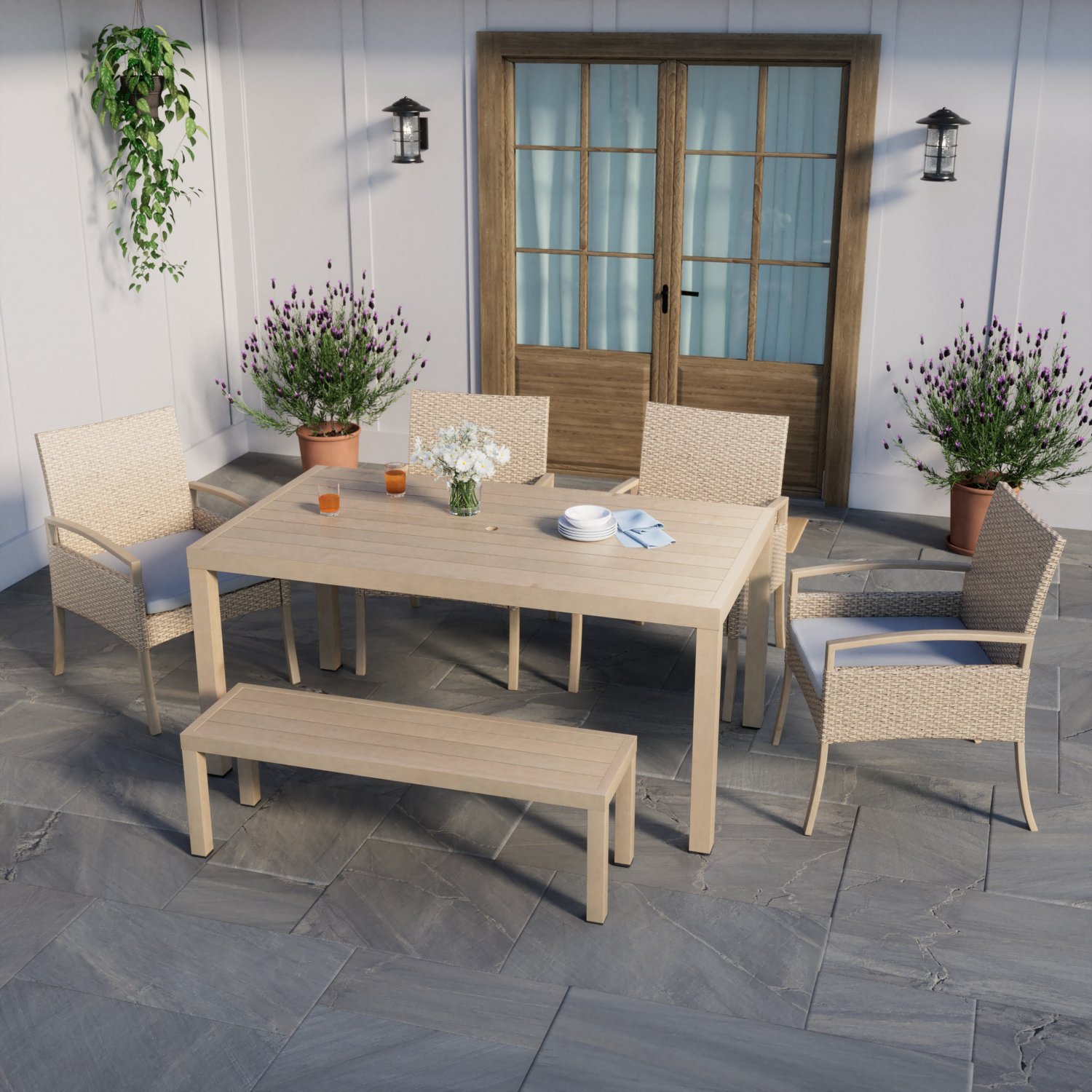 Mosaic 6 Piece Dining Set with Wicker and Faux Wood