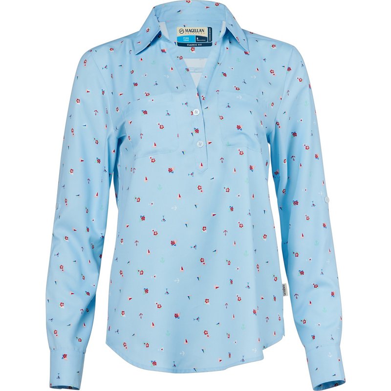 Magellan Outdoors Women's Aransas Pass Long Sleeve Henley Stripe Shirt Clear Sky Boats, X-Small - Women's Fishing Tops at Academy Sports