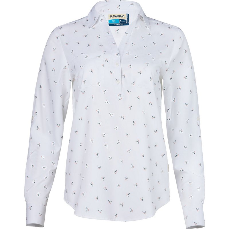 Magellan Outdoors Women's Aransas Pass Long Sleeve Henley Stripe Shirt Bright White Lures, Small - Women's Fishing Tops at Academy Sports