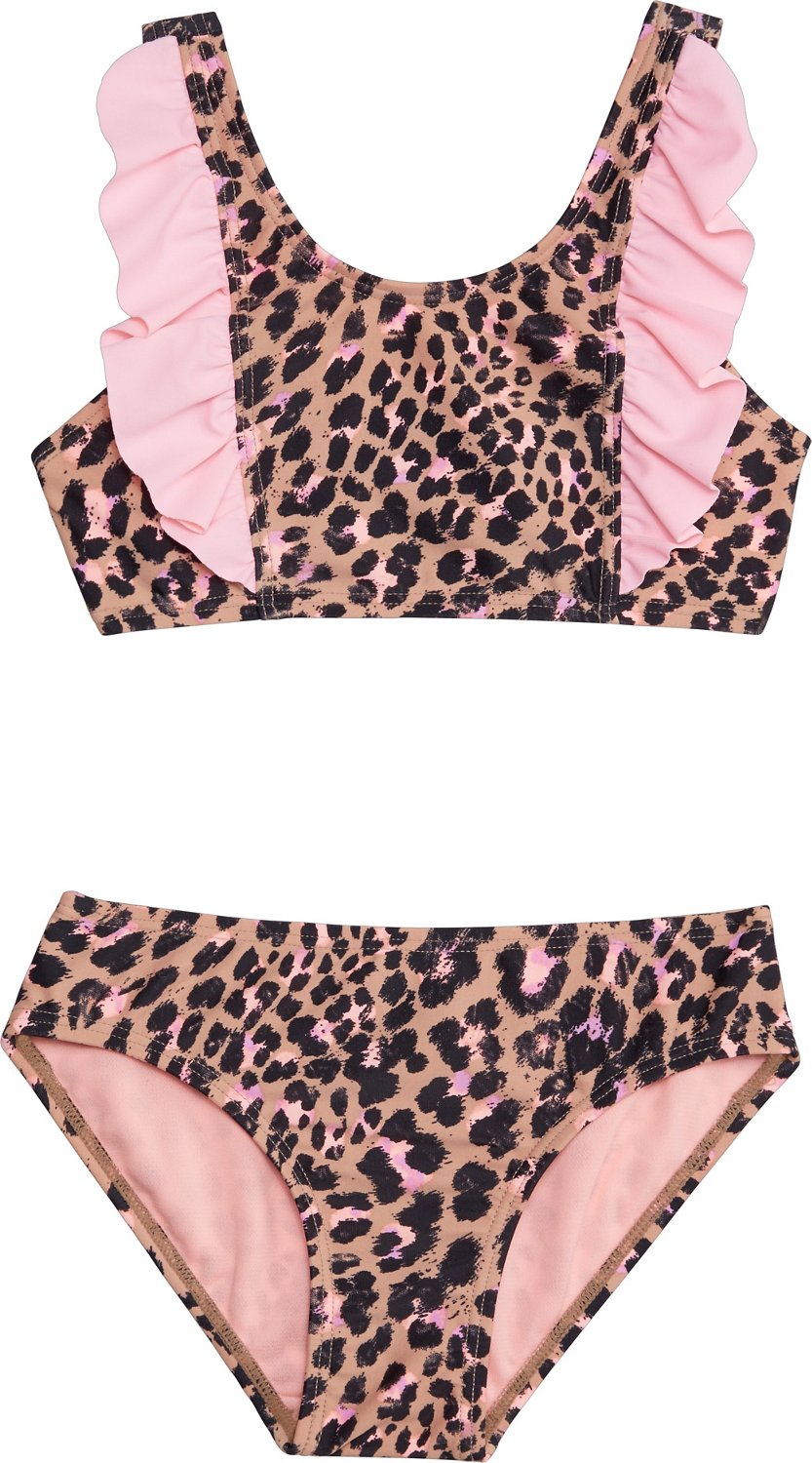 2pcs Toddler Girls Bikini Tankini Swimsuit Cold Shoulder Ruffle Trim Crop  Top & Leopard Triangle Swim Bottoms Set Kids Summer Beach Clothes Bathing Su