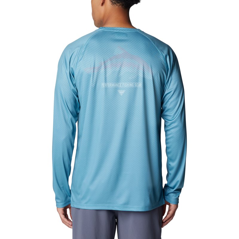 Columbia Sportswear Men's Super Terminal Tackle PFG Super Fade Long Sleeve Shirt Canyon Blue/Fish Hooks Super Fade, Small - Men's Fishing Tops