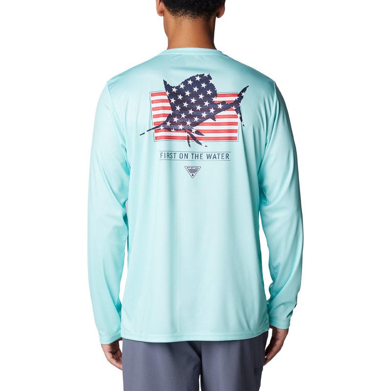 Columbia Sportswear Men's Terminal Tackle PFG Fins and Stripes Long Sleeve T-Shirt Gulf Stream/Fins/Stripes, Small - Men's Fishing Tops