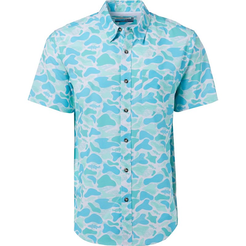 Magellan Outdoors Men's Shore and Line Washed Out Pocket Button-Down Fishing Shirt Aqua Fish Mallard Camo, Large - Men's Fishing Tops